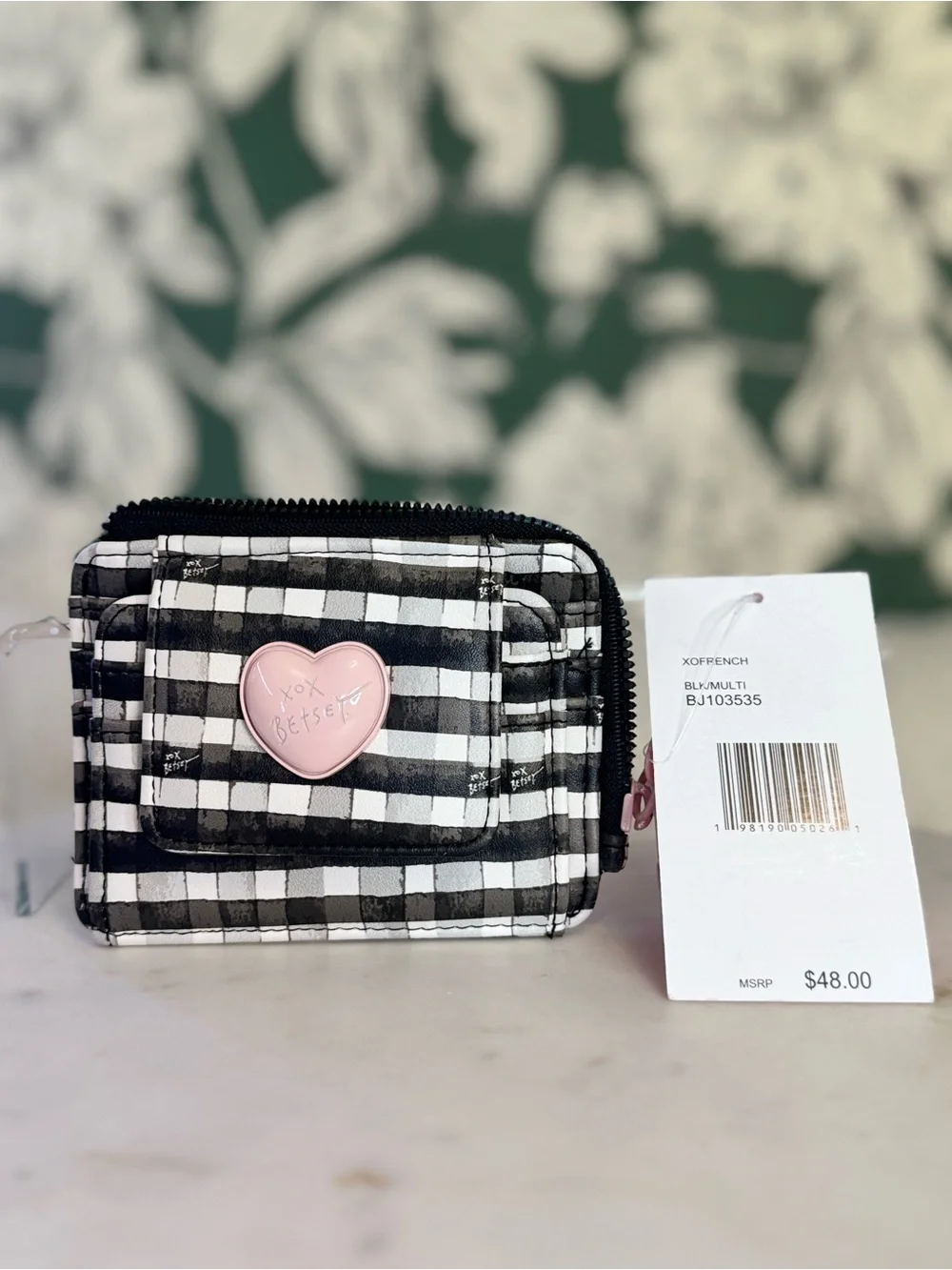 Betsey Johnson Black and White Gingham Wallet with Pink Heart Accent